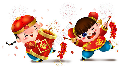 福娃欢乐放鞭炮春节插画