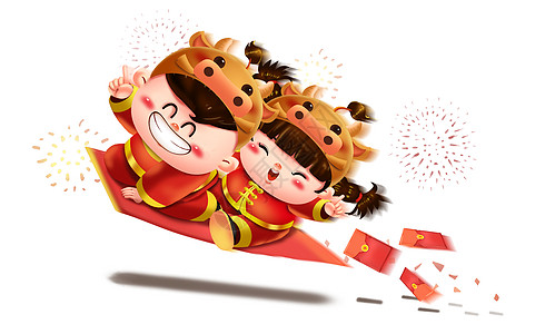 中国红灯笼福娃欢乐骑红包插画