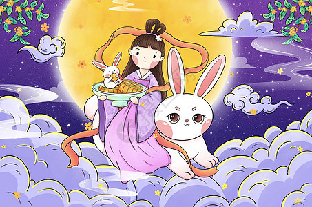 八月十五中秋节手绘嫦娥和玉兔背景图片