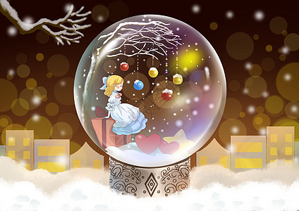 下雪的水晶球冬天童话插画图片