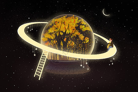 森林夜空水晶球里的秋天插画