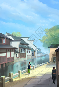 背景图竖图水乡建筑风景插画插画