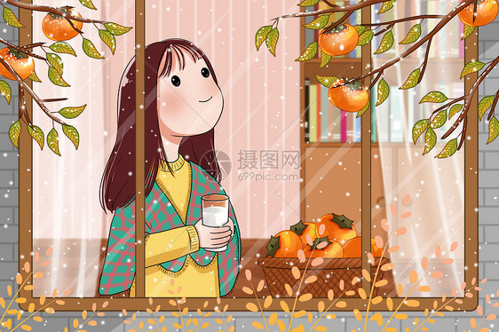 女孩在窗边观察结霜的柿子树图片