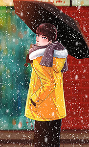 雪中撑着伞回头的少年图片