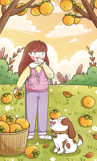 清新霜降女孩与小狗一起摘柿子插画图片