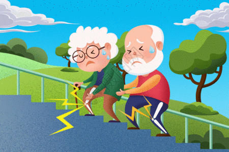 秋季老人患有关节炎的老人艰难地爬着楼梯GIF高清图片