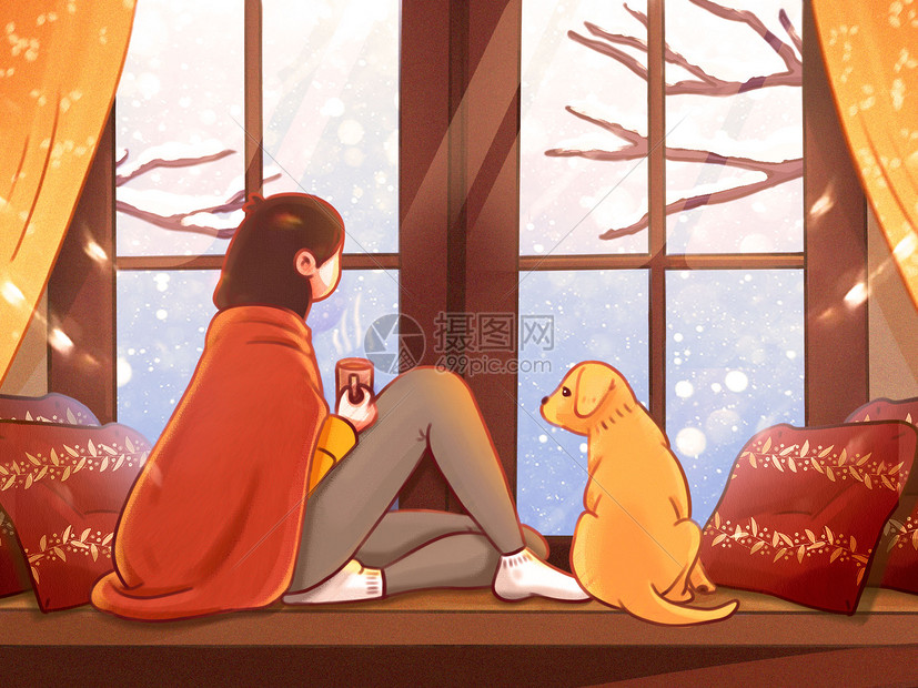 冬天坐在窗边赏雪的女孩和狗图片