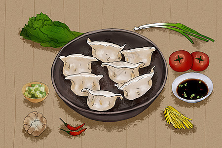 饺子蘸酱插画图片