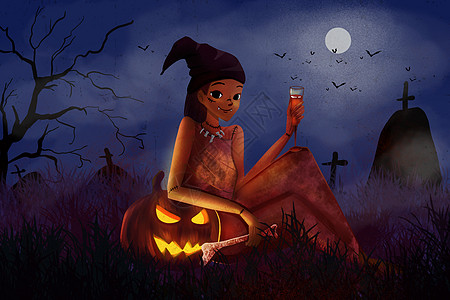 坐在坟地里的女巫插画