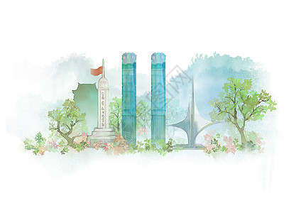 南昌中国风山水水墨城市地标建筑插画图片