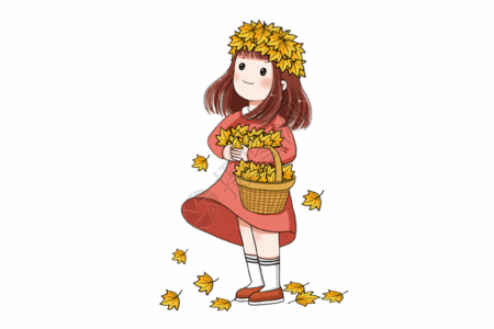 入秋捡枫叶的小女孩GIF高清图片
