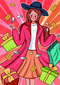 波普风双十一购物的女孩和礼盒插画图片