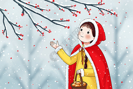 雪中红梅树下的女孩背景图片