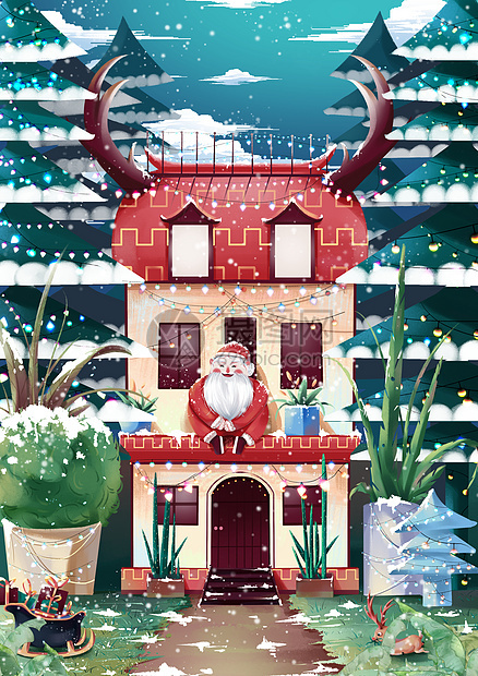 坐在房顶的圣诞老人图片