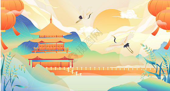 中国风山水风景插画图片