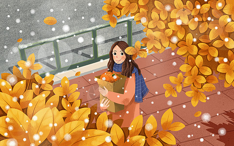 枫叶雪走在路上的抱南瓜的女孩插画
