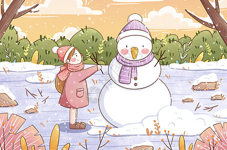 立冬节气女孩与雪人插画图片