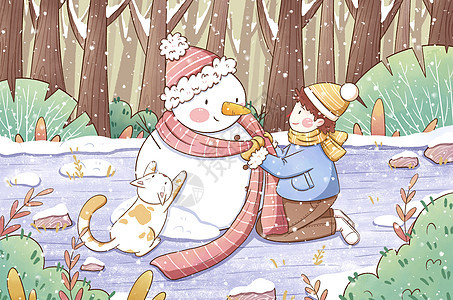二十四节气立冬男孩堆雪人插画背景图片