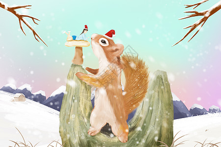 小雪雪景松鼠插画图片