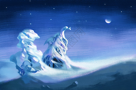雪夜的戈壁写实油画高清图片