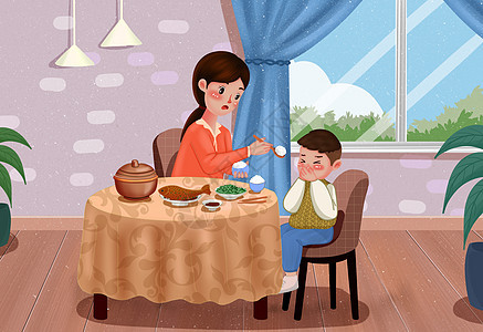 母亲和不愿意吃饭的孩子背景图片