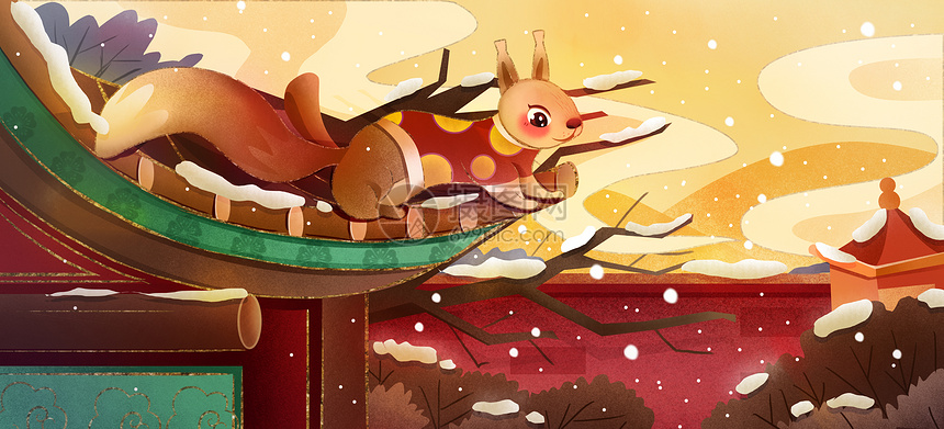 中国风小雪节气房檐上的松鼠插画图片