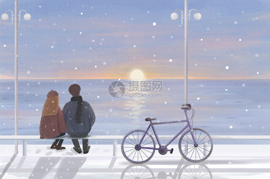 冬天情侣海边看雪浪漫插画图片