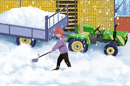 雪中女人清理积雪的人插画