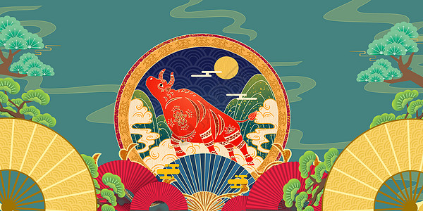 牛年新年国潮风牛年背景设计图片