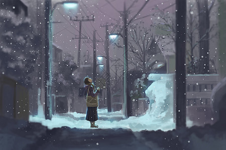 下雪街道雪中的少女插画