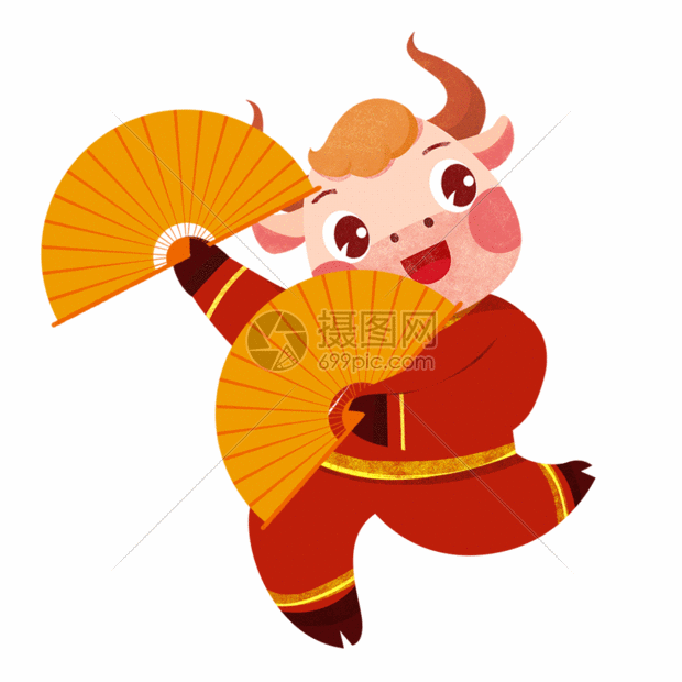 新年里舞扇子的牛gif动图图片 正版gif素材 摄图网