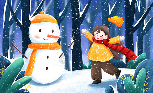 雪人与女孩插画图片