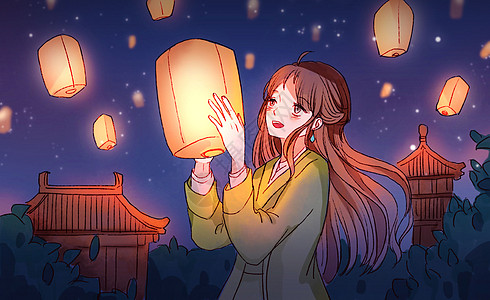 放孔明灯的少女图片