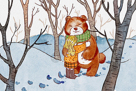 冬天小树林里的熊熊和女孩水彩画背景图片