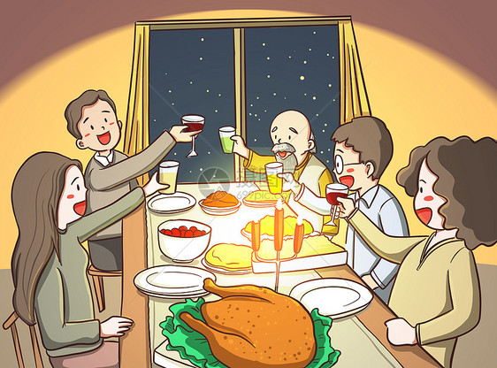 感恩节家人聚餐插画图片