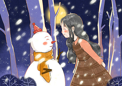 冬天女孩与雪人插画图片