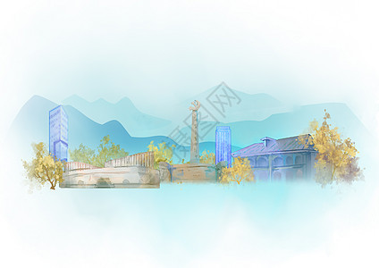 遵义中国风山水水墨城市地标建筑插画背景图片