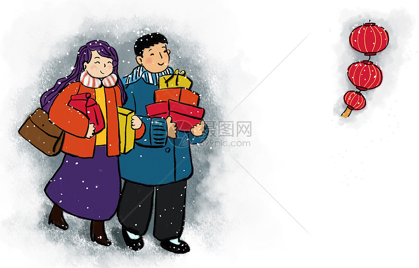 下雪天回家过年的小夫妻插画图片下载 正版图片 摄图网 下雪天回家过年的小夫妻插画图片下载 正版图片 摄图网