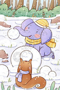 大雪节气大象与松鼠一起堆雪人插画背景图片