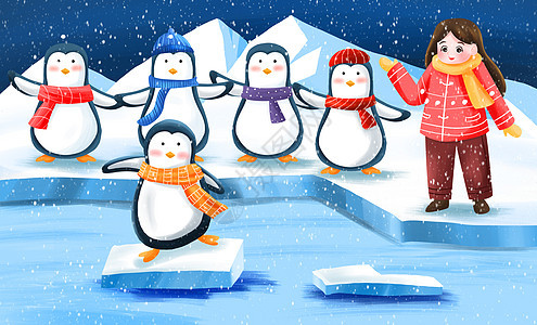 冬天里打招呼的企鹅和女孩图片