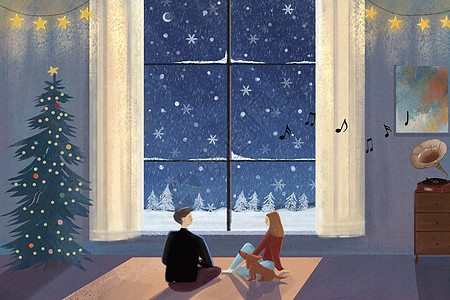 圣诞树室内冬天窗边情侣插画