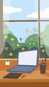 房间的四季春天线上办公插画背景图片
