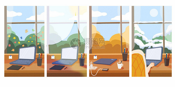 手机壁纸房间里的四季线上办公插画图片