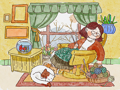 老人睡眠冬天在家里织毛衣的老奶奶水彩插画