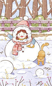 冬天女孩与猫咪堆雪人插画图片
