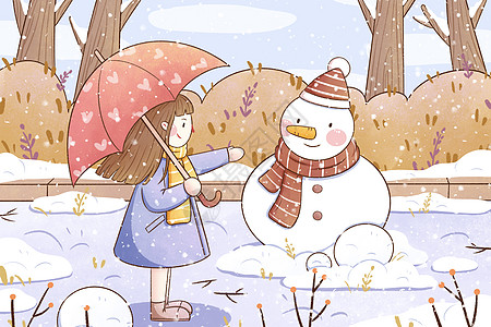 冬季女孩与雪人插画图片