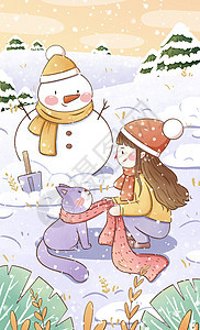 清新大雪节气堆雪人插画图片