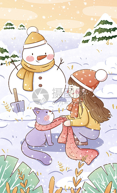 清新大雪节气堆雪人插画图片