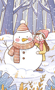 清新冬季女孩和雪人插画图片