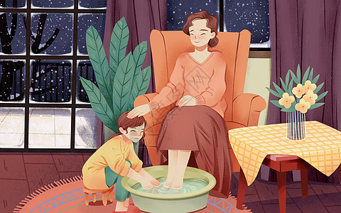 感恩节海报背景在冬天的夜晚女孩给母亲洗脚插画